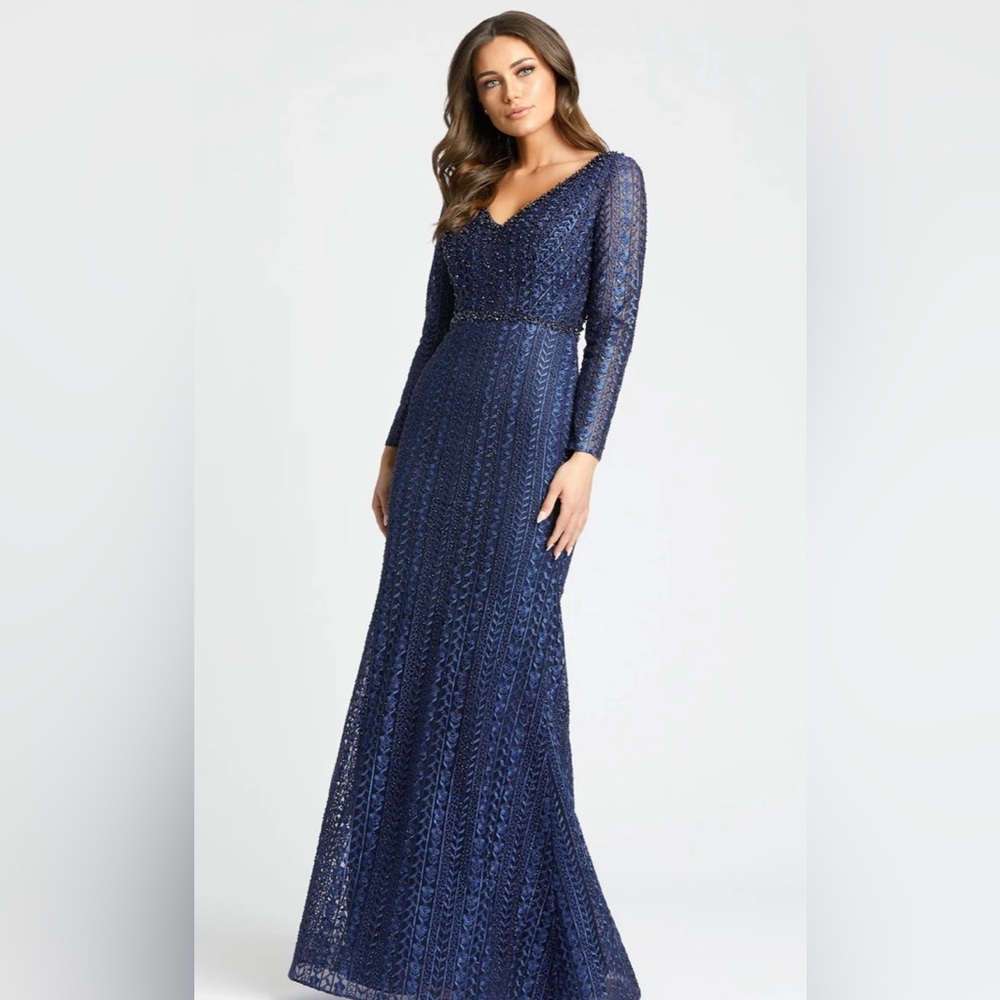 Blue Embroidered Long Sleeve V Neck Trumpet Gown Size 14 Color Midnight Blue